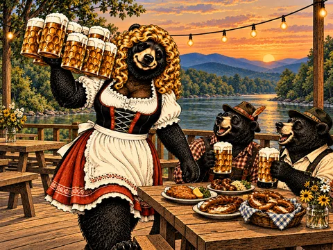 Bear in a dirndl carrying a tray of beer steins on a mountain brewery patio.
