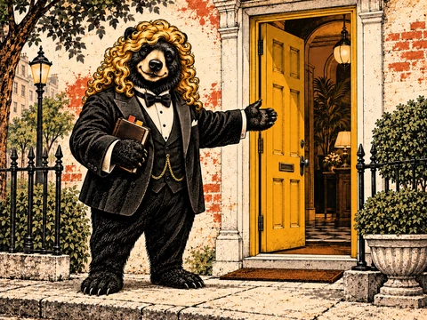 A blonde-haired bear in a tuxedo holds open a yellow door like a concierge.